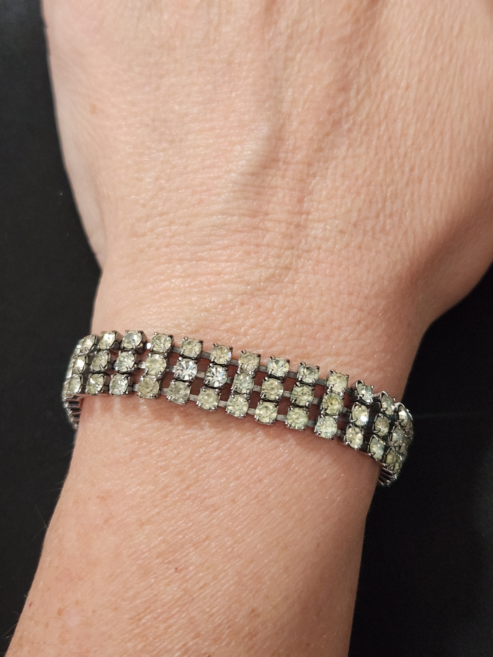 Vintage Three Strand Crystal Tennis Bracelet - Silver Tone